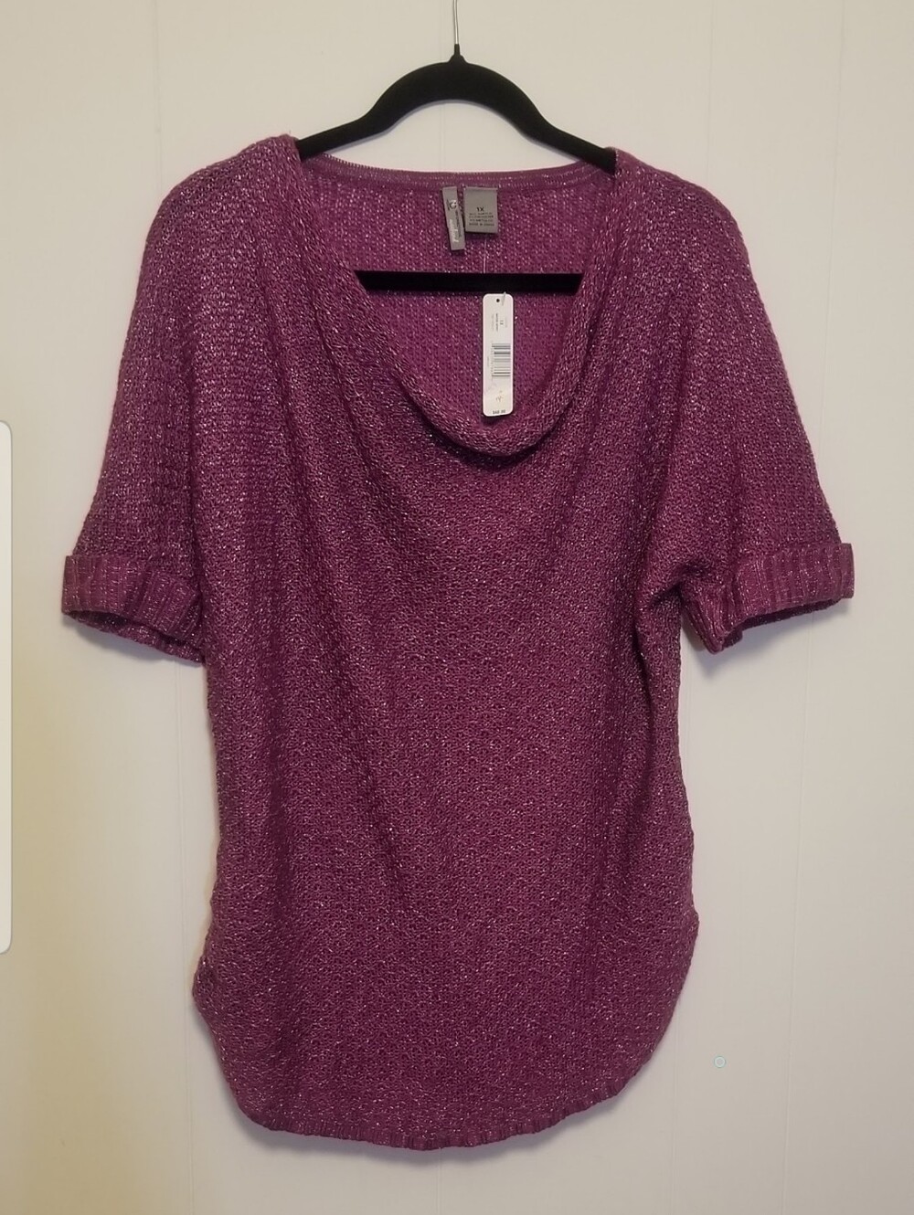 NWT Sparkle Cowl-Neck Short Sleeve Sweater - Purple Womens Size XL